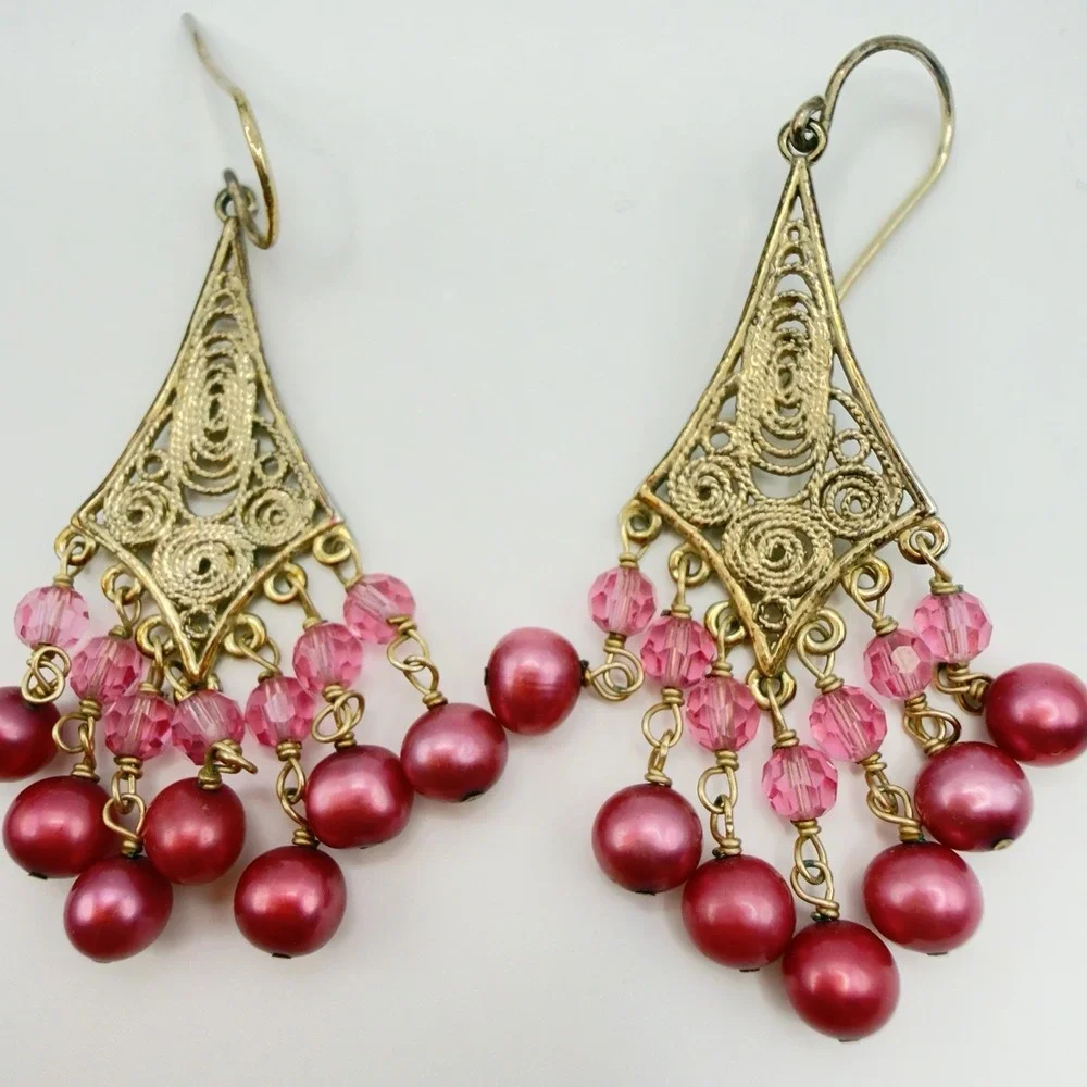 Vintage Sterling Silver Filigree Chandelier Earrings Pink Cultured Pearl Vermail